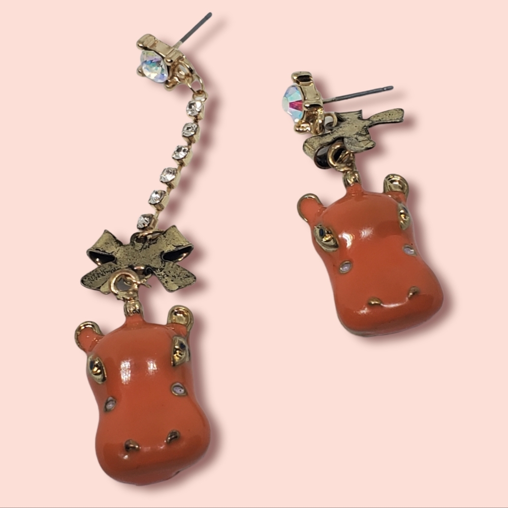 Jeweled Orange Hippos stud earrings rhinestones